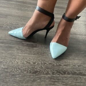 Baby blue & black 2.5 inch ankle strap heels